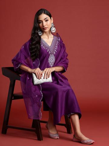 Indo Era Ethnic Motifs Yoke Design Thread Work Kurta With Trousers & Dupatta