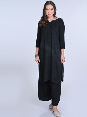 KHAKA Floral Embroidered Sweetheart Neck Chikankari Straight Kurti With Palazzos & Dupatta