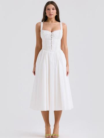 bebe White Shoulder Strap Corset Style Fit & Flare Midi Dress