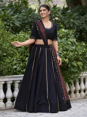 LOOKNBOOK ART Embroidered Mirror Work Cotton Ready to Wear Lehenga Choli