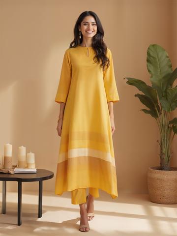 Pink Fort Striped Pure Cotton A-Line Fusion Kurta With Trousers
