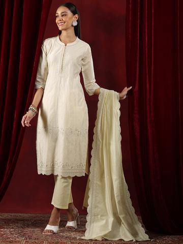 Libas Art Floral Embroidered Thread Work Chanderi Silk Kurta With Trousers & Dupatta