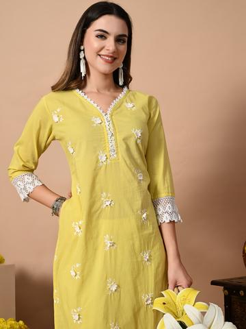 CRENOL THREADS Women Floral Embroidered Pure Cotton Straight Kurta