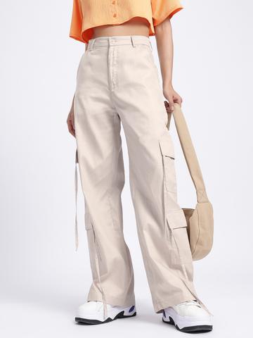 glitchez Women Street Style Utility Mid-Rise Pure Cotton Flared Fit Cargos