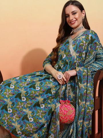 Anouk Floral Printed Regular Pure Cotton Anarkali Kurta with Trousers & Dupatta