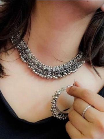 DEGHLAM Oxidised Artificial Beaded Choker Necklace With Earrings
