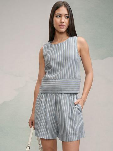 Tokyo Talkies Women Striped Crop Top Shorts Co-Ord Set