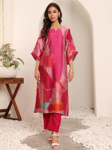 Varanga Abstract Printed Notch Neck Chanderi Silk Straight Kurta With Trousers