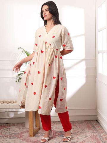 KALINI Heart Shaped Embroidered V-Neck A-Line Pure Cotton Kurta With Trousers