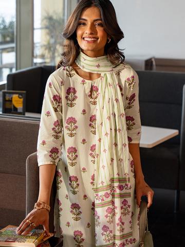 Libas Off White Floral Printed Keyhole Neck Straight Kurta With Salwar & Dupatta