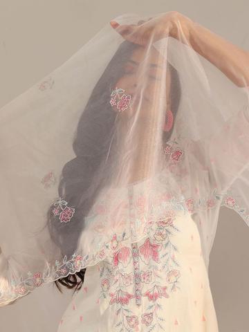 Libas Off White Scoop Neck Floral Embroidered Straight Kurta With Trouser And Dupatta