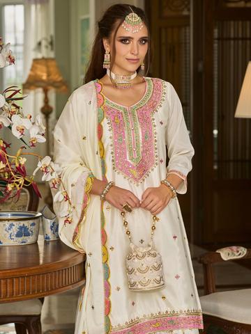 Indo Era Paisley Embroidered Sequinned Straight Kurta With Sharara And Dupatta