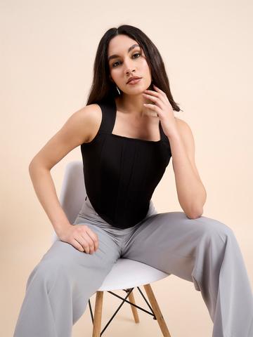 PowerSutra Women Solid Black Square Neck Corset Crop Top