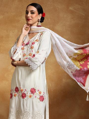Varanga Women Floral Embroidered Regular Thread Work Pure Cotton Kurta with Trousers & With Dupatta