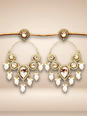 UnfoldSelf Gold-Plated Kundan Studded & Pearls Beaded Teardrop Shaped Chandbalis
