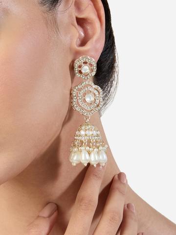 Zaveri Pearls Gold-Plated Austrian Diamond Studded & Beaded Dome Shaped Jhumkas
