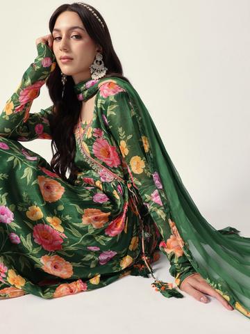 Ishin Women Floral Printed Anarkali Kurta with Trousers & Dupatta