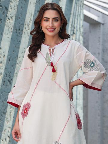 Indo Era Floral Embroidered Mirror Work Tie-Up Neck Pure Cotton A-Line Kurta With Trousers