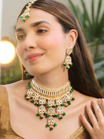Rubans 22K Gold-Plated White Kundan Studed & Green Pearl Beaded Bridal Choker Necklace Set