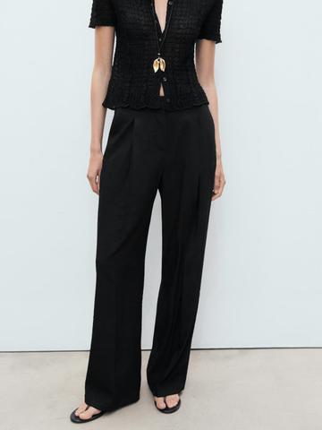 MANGO Women Mid-Rise Pleated Detail Wide Leg Trousers