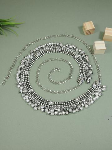 I Jewels Oxidised Silver-Plated Stone Studded Ghungroo Style Kamarbandh