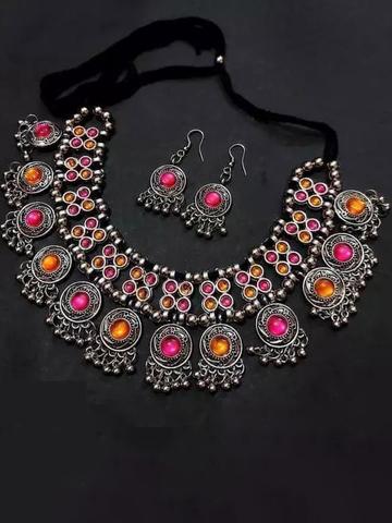 SZN Artificial Stone Studded & Beaded Oxidized Jewellery Set