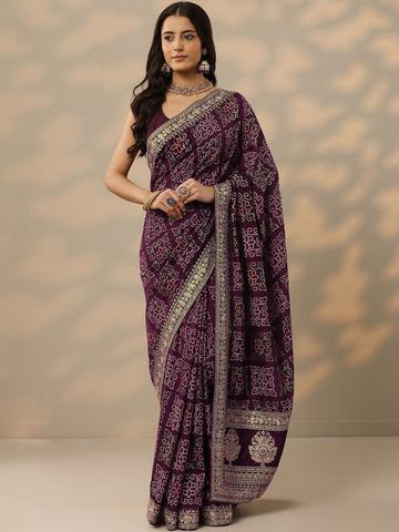 Libas Burgundy Bandhani Printed Saree With Unstitched Blouse Piece