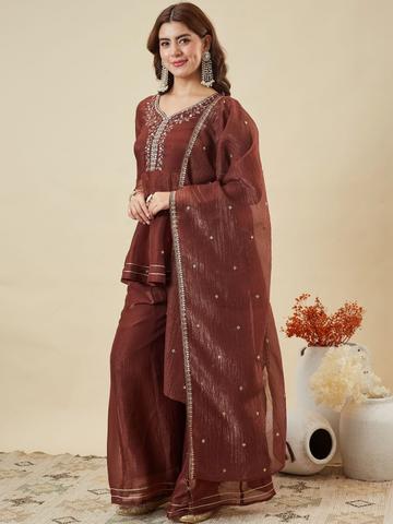 MOKOSH Women Silk Embroidered Kurta And Sharara Set With Dupatta