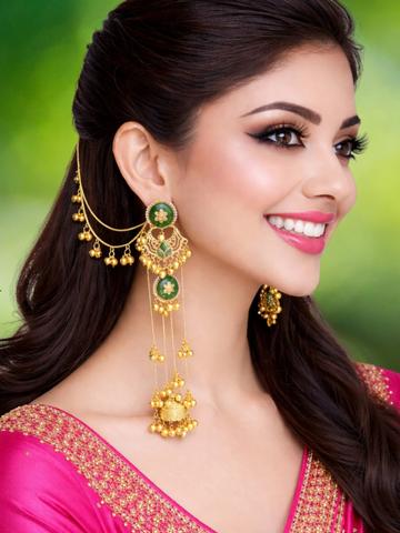 OOMPH Green Ghungroo Detailing Long Kashmiri Drop Jhumka Earrings with Sahara Hair Chain