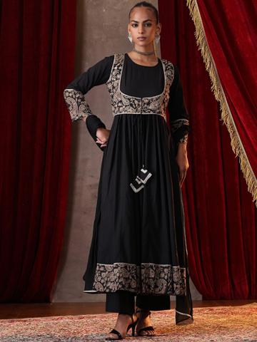 Khushal K Women Ethnic Motifs Embroidered Empire Thread Work Pure Cotton Kurta with Trousers & With Dupatta