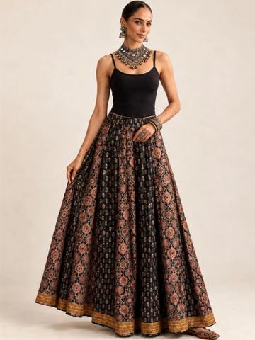 Varanga Women Cotton Cambric Paisley Maxi Flared Skirt