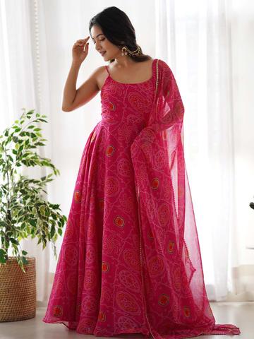Fusionic Bandhani Printed Silk Anarkali Kurta With trouser & Dupatta