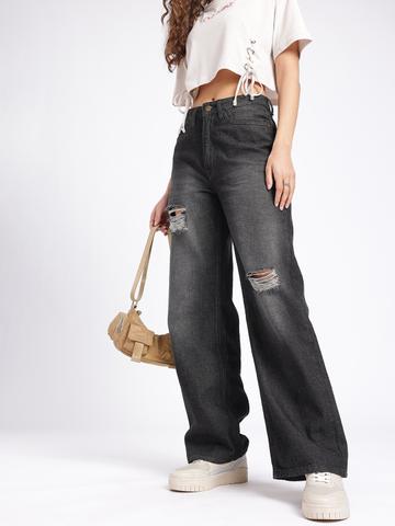 glitchez Women Baggy Distressed Heavy Fade Jeans