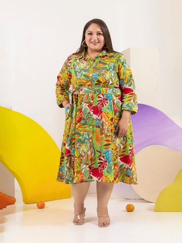 LALI JAIPUR Women Plus Size Tropical Printed A-Line Midi Dress with Belt