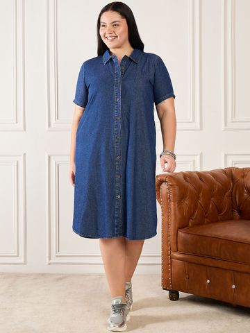 Orchid Blues Women Solid Short Sleeves Denim Shirt Dress