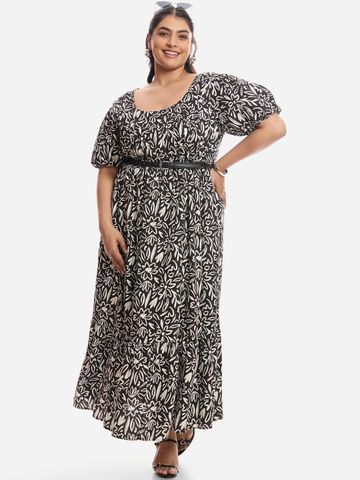 Virgio Printed Viscose Round Neck Short Sleeves Plus Size Midi Dress