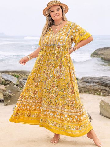 JC Mode Floral Print Flared Sleeve A-Line Maxi Dress