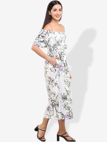 Mala Singh Floral Print Off-Shoulder Puff Sleeve A-Line Midi Dress