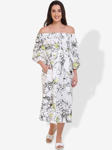 Mala Singh Floral Print Off-Shoulder Fit & Flare Midi Dress