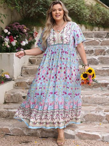 JC Mode Floral Print Flared Sleeve Maxi Dress
