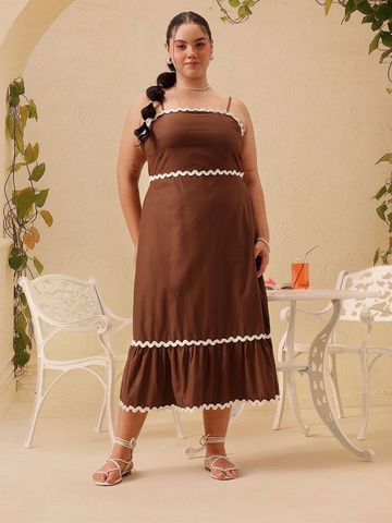 CURVY STREET Women Plus Size Cotton Shoulder Straps A-Line Boho Midi Dress