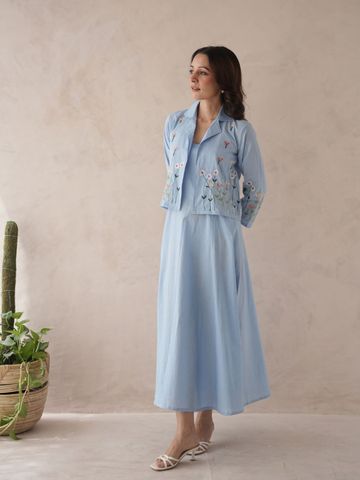 OneWe Floral Embroidered Cotton A-Line Maxi Jacket Dress