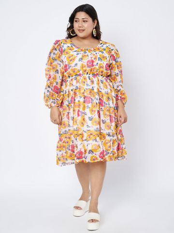 BRINNS Women Floral Printed Puff Sleeve Georgette Fit & Flare Dress