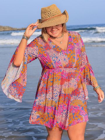 JC Mode Women Floral Print Flutter Sleeve Fit & Flare Knee Length Dress
