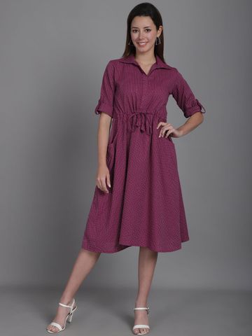 CORSICA Women Cotton Striped Roll-Up Sleeves A-Line Midi Dress