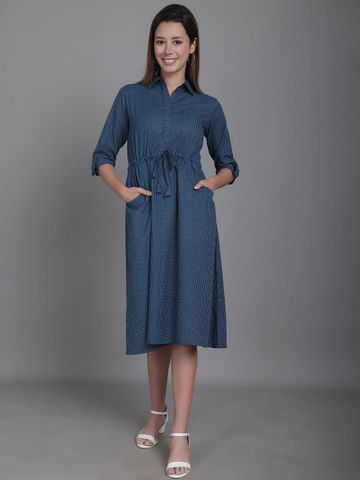 CORSICA Women Striped Shirt Collar A-Line Midi Dress