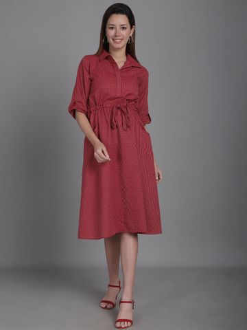 CORSICA Women Cotton Striped Roll-Up Sleeves A-Line Midi Dress