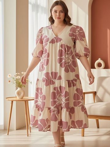 U&F Beyond Floral Print Puff Sleeve Fit & Flare Midi Dress
