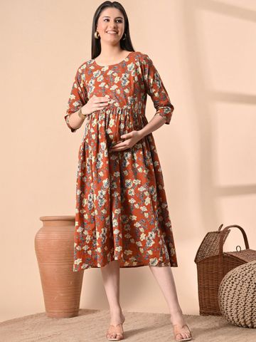 SILAKIVA Floral Print Maternity A-Line Midi Dress