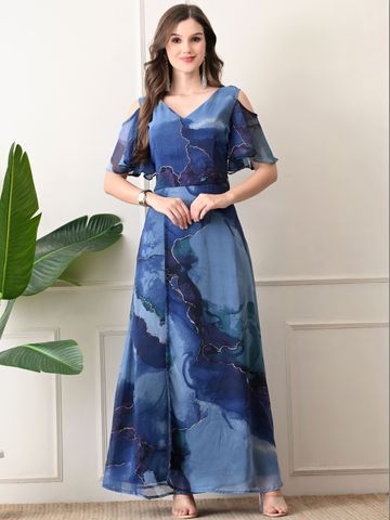 V&M Print Cold-Shoulder Chiffon Fit & Flare Maxi Dress